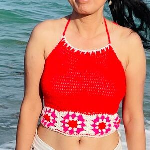 Hand Crocheted Granny Square Knit Halter Top